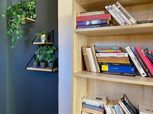 une étagère remplie de livres à côté d'un mur dans l'établissement Lovely & cozy duplex heart of Nice with bathtub!, à Nice