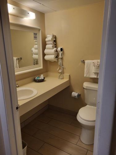 a bathroom with a sink and a toilet and a mirror at Beachside Hotel - Daytona Beach - NO POOL in Daytona Beach