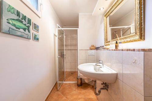 a bathroom with a sink and a shower and a mirror at Ferienwohnung an der Schlei in Fleckeby