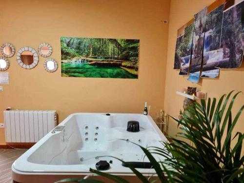 uma banheira na casa de banho com um quadro na parede em Casa rural con jacuzzi, sauna, barbacoa y barra em Cabeza la Vaca