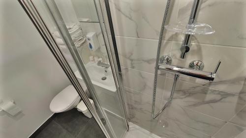 a bathroom with a glass shower with a toilet at Fasthotel Well Inn Mâcon sud - un hôtel FH Confort in Charnay-lès-Mâcon