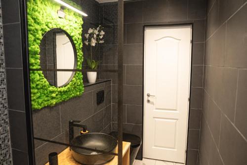 baño con musgo verde en la pared y espejo en MJ Apartment, en Lupeni