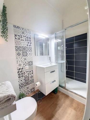 y baño con ducha, aseo y lavamanos. en Magnifique Appartement - Hôtel du Parc - VICHY, en Vichy