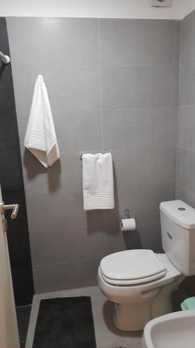 y baño con aseo, lavabo y toallas. en Bello Departamento en Gran Mendoza en Godoy Cruz