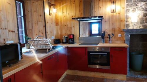 une cuisine avec des placards rouges, un évier et une télévision dans l'établissement Chez Maritou, à Besse-et-Saint-Anastaise