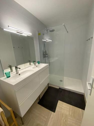 une salle de bain blanche avec un lavabo et une douche dans l'établissement Splendide T3 haut standing avec parking privé, à Montpellier