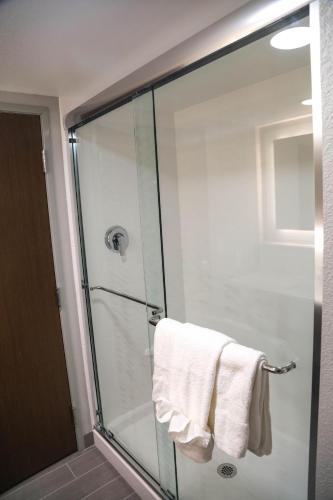 a bathroom with a glass shower with a towel at Hampton Inn Lead in Lead
