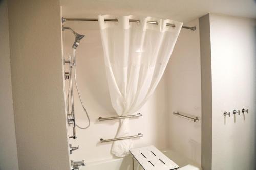 uma casa de banho com uma cortina de chuveiro e um WC em Hampton Inn Lead em Lead