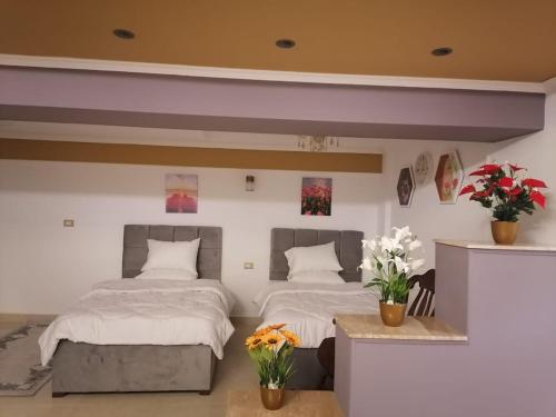 two beds in a room with flowers on the wall at Cozy fully furnished studio in Cairo