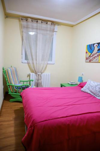 1 dormitorio con cama rosa y ventana en Casa MJ, en Béjar