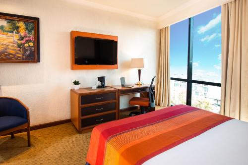 a hotel room with a bed and a desk and a television at Hotel Guadalajara Plaza Expo in Guadalajara