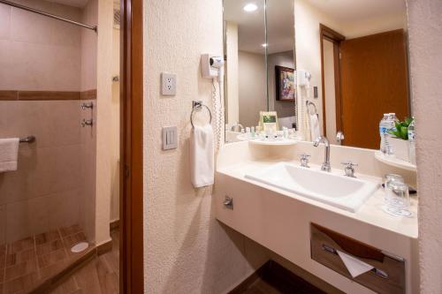 a bathroom with a sink and a mirror and a shower at Hotel Guadalajara Plaza Expo in Guadalajara