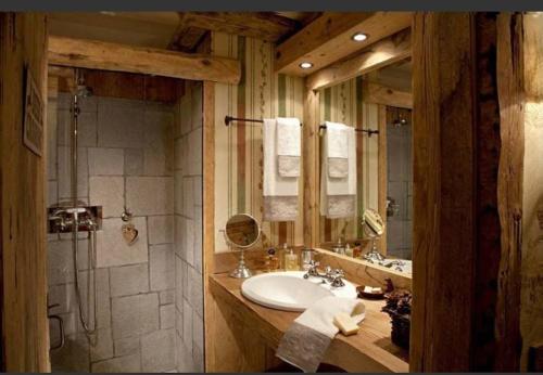 un baño con lavabo y ducha en La Petite, en Courmayeur