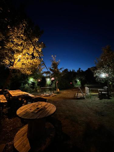 a wooden picnic table in a park at night at Baven -Toven Naturae in Rubik