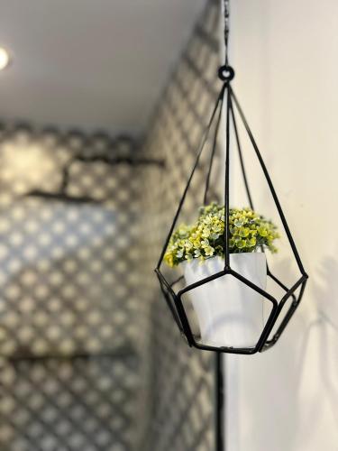 a hanging flower pot with yellow flowers in it at Mini Casa en Poblado Medellín FRN109 By Roots Rentals in Medellín