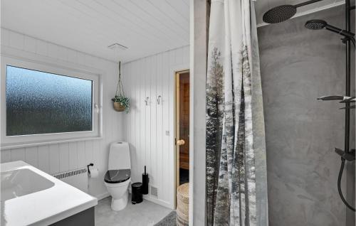 a bathroom with a shower and a toilet and a sink at Nice Home In Rm With 3 Bedrooms, Sauna And Wifi in Lakolk