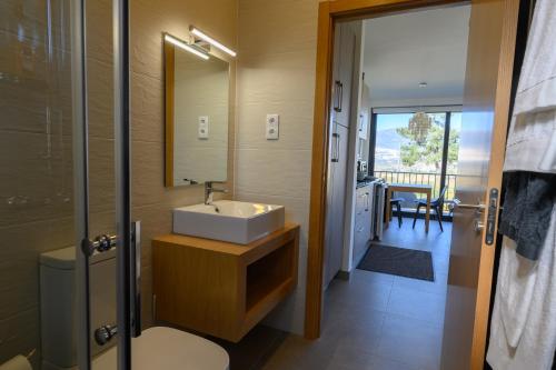 La salle de bains est pourvue d'un lavabo et d'un miroir. dans l'établissement Laje da Bica Agroturismo, à Covilhã