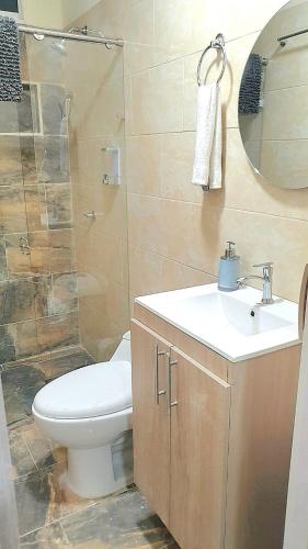a bathroom with a toilet and a sink and a shower at Acogedor ApartaStudio Zona Centro in Quibdó