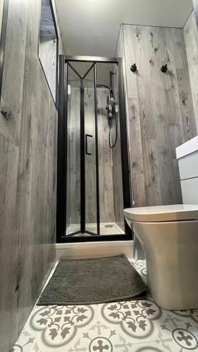 a bathroom with a shower and a toilet at The Lounge in Newquay