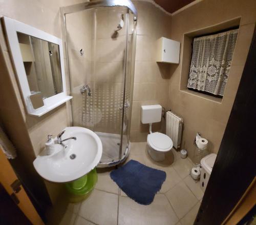 La salle de bains est pourvue d'une douche, d'un lavabo et de toilettes. dans l'établissement MALA KUĆA, Lič, à Lič
