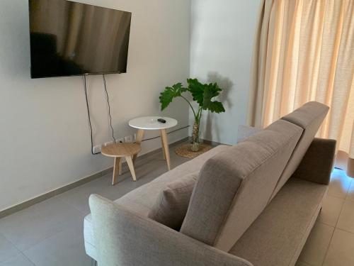 a living room with a couch and a table at Bosques de Mayo Departamento 4 in Maipú