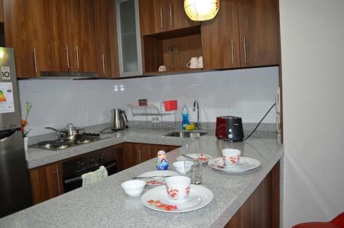 a kitchen with a counter with two plates on it at Apartamento Centro Concepción 1 in Concepción