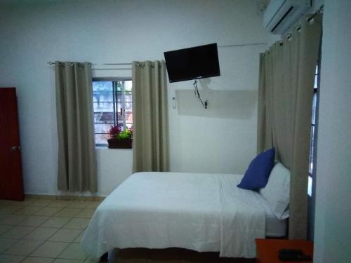 a bedroom with a bed and a flat screen tv at LOS ARCOS in Agua Buena