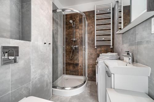 łazienka z prysznicem, toaletą i umywalką w obiekcie Kamienica Centrum Apartament nr 6 w Szczecinie