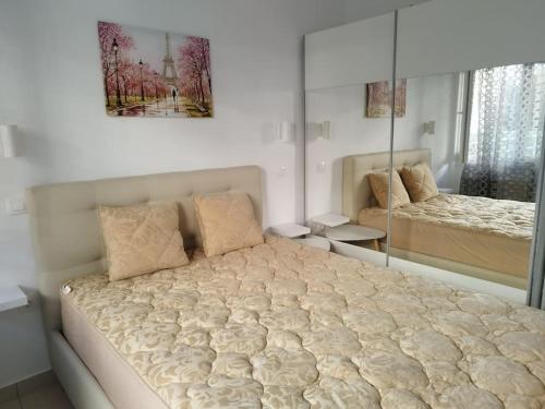 a bedroom with a large bed and a mirror at Renovated apartment with garden and parking space in Perea