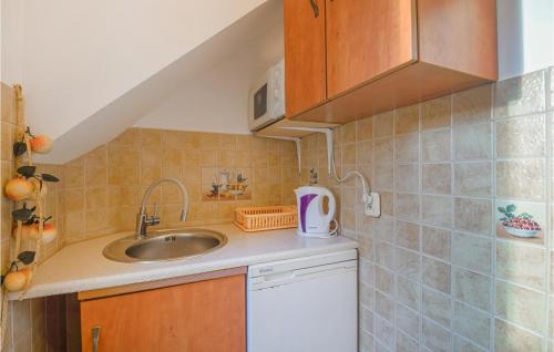 a small kitchen with a sink and wooden cabinets at Amazing Aparthotel In Pogorzelica With Wifi in Pogorzelica