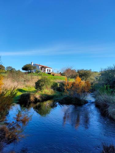a small stream with a house in the background at Casas de Campo do Castro da Cola in Marchicão