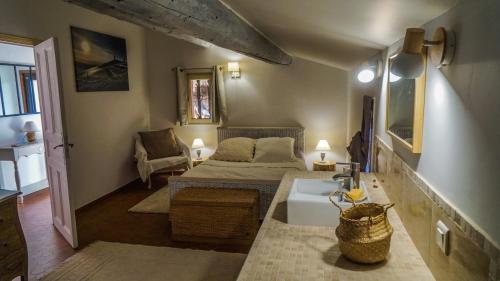 ベドアンにあるLa belle histoire gîte Luberonのベッド1台とシンクが備わる小さな客室です。