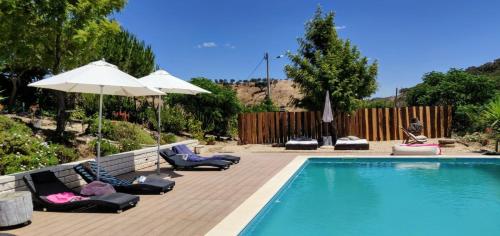 a pool with chairs and umbrellas next to at Casas de Campo do Castro da Cola in Marchicão