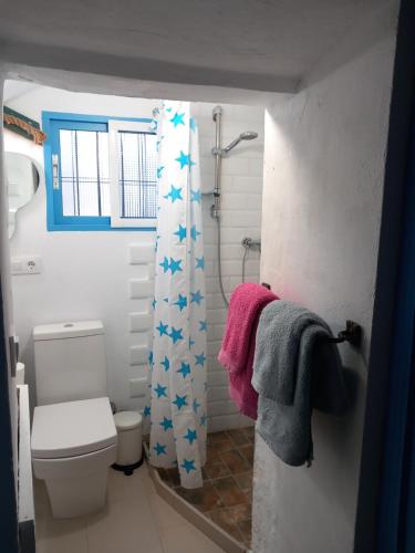 a bathroom with a toilet and a shower curtain with stars at El Escondite de Vejer in Vejer de la Frontera