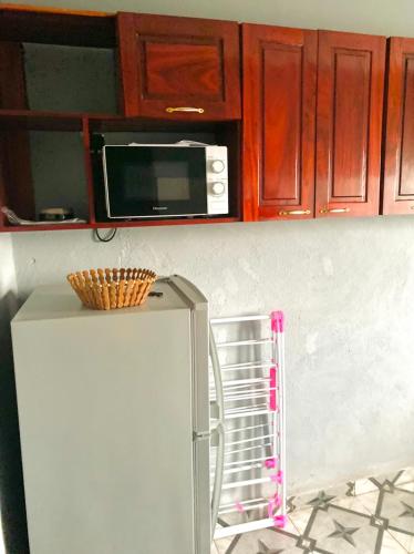 a microwave on top of a refrigerator in a kitchen at APEX ANNEX Guest Facility in Buea