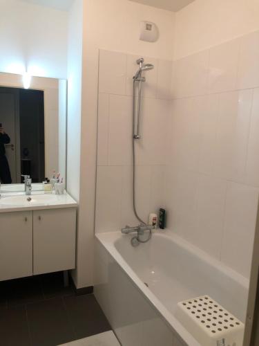W łazience znajduje się prysznic, wanna i umywalka. w obiekcie Magnifique appartement Paris, bord du canal w mieście Pantin