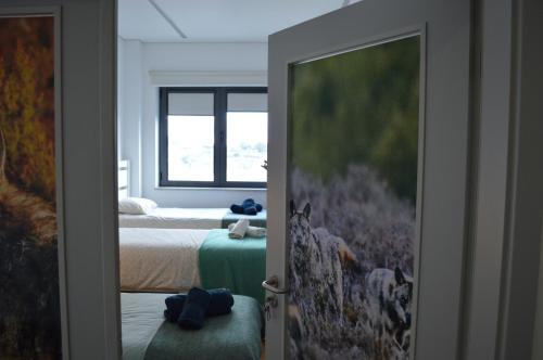1 dormitorio con 2 camas, ventana y puerta en Centro Rewilding, 