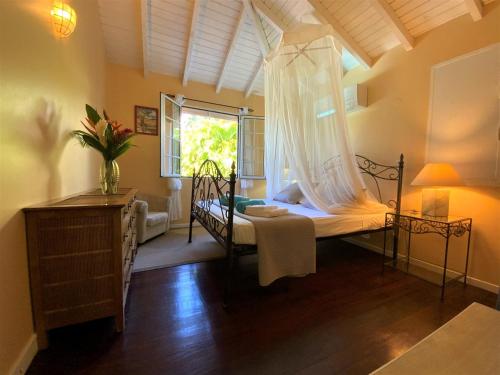 1 dormitorio con cama con dosel y ventana en Villa Cézanne, en Sainte-Rose