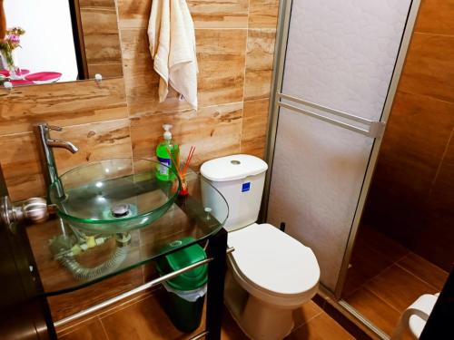 a bathroom with a toilet and a glass sink at Apartamentos Pitalito in Pitalito