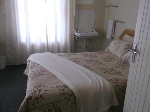 a bedroom with a bed and a sink and a window at Keimoes Hotel in Keimoes