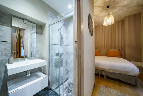 a bathroom with a sink and a shower and a bed at La cour du grand marché in Tours