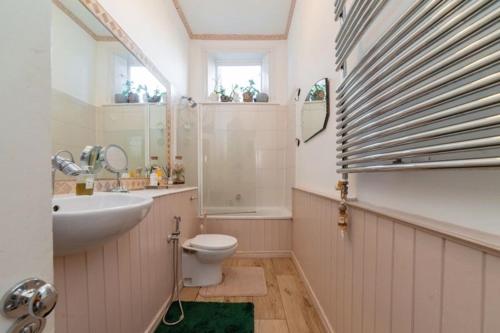 a bathroom with a toilet and a sink and a mirror at Elgin Terrace in London
