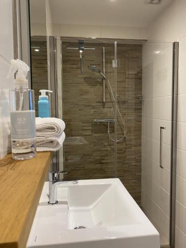 a bathroom with a shower and a white sink at Appartement B&B De Koning in Afferden