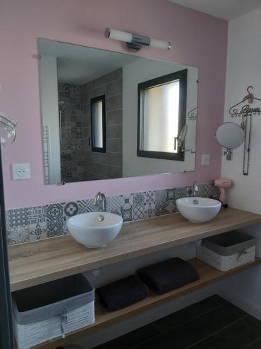 une salle de bain avec deux lavabos et un grand miroir dans l'établissement La Réjardière aux portes de Brocéliande, à Iffendic
