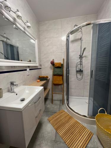 a bathroom with a shower and a sink and a tub at Apartament Sportowa in Suwałki