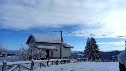 ein kleines Haus mit Schnee neben einem Zaun in der Unterkunft Zlatna Jabuka apartman in Prijepolje