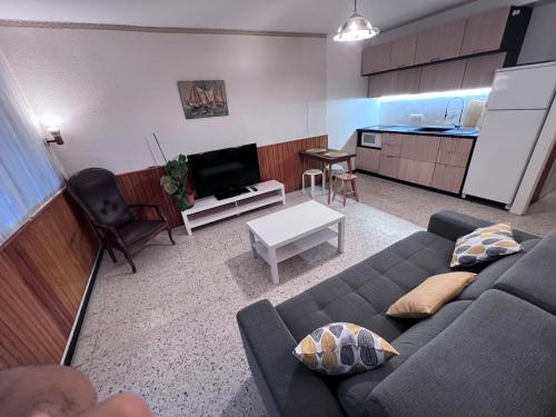 un salon avec un canapé et une cuisine dans l'établissement Bel appartement 2 pièces, à Palavas-les-Flots