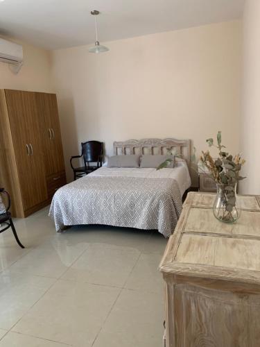 1 dormitorio con 1 cama y un jarrón de flores en Mono ambiente Macarena en San Juan