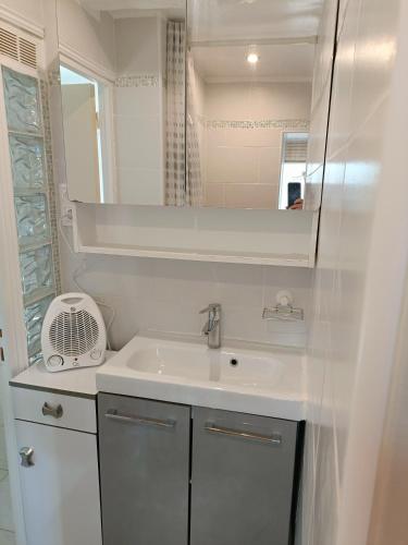 une salle de bain blanche avec un lavabo et un miroir dans l'établissement Un bel appartement rez jardin parking gratuit, à Vence