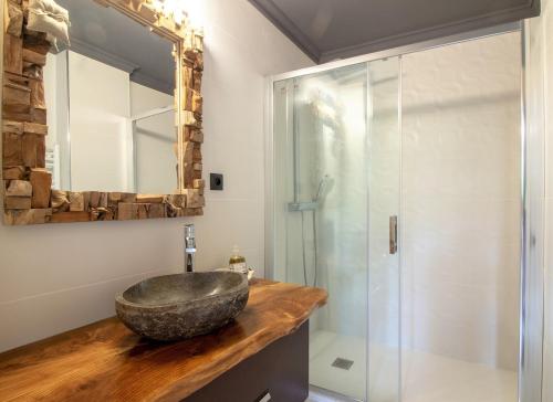 une salle de bain avec un lavabo en pierre et une douche dans l'établissement Petit Palace vue sur Imperial, à Annecy